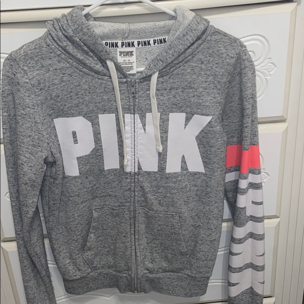 grey PINK sweatshirt we lettering on the side arm